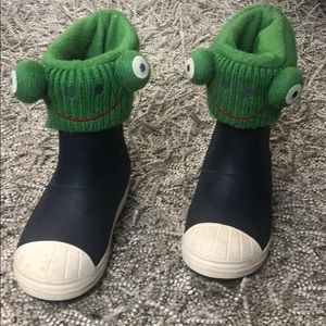 Navy blue rain boots with frog liners